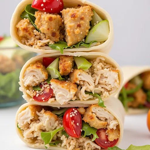 Delicious Chicken Caesar Wrap showcasing layers of chicken, lettuce, and croutons on a tortilla.