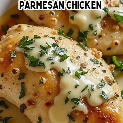 Eye-level shot of tender chicken breasts coated in garlic parmesan sauce, lit with warm natural light.