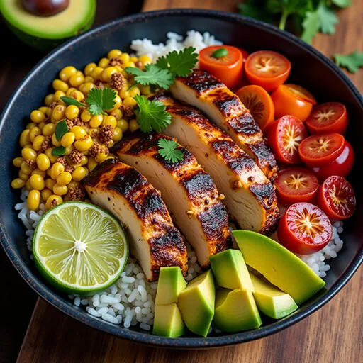 A vibrant Honey Chipotle Chicken Rice Bowl featuring rice, black beans, and corn.