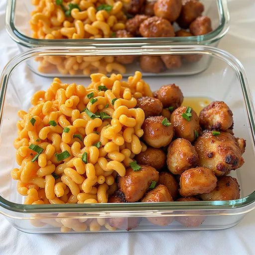 Delicious high protein honey garlic butter chicken next to a bowl of rich mac and cheese, beautifully presented.