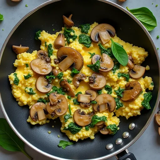Creamy scrambled eggs mixed with fresh spinach and sliced mushrooms in natural light.