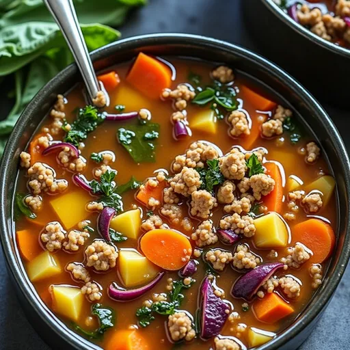 Delicious-looking Weight Loss Soup in a rustic bowl, showcasing chopped vegetables and a rich broth.
