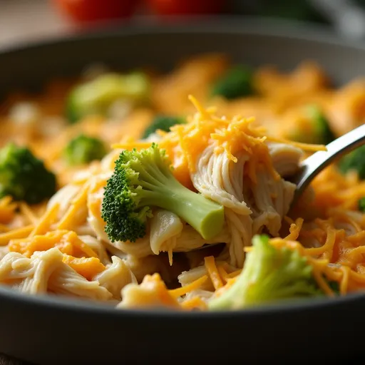 Delicious low carb chicken casserole in a dish, highlighting melted cheddar and fresh broccoli.