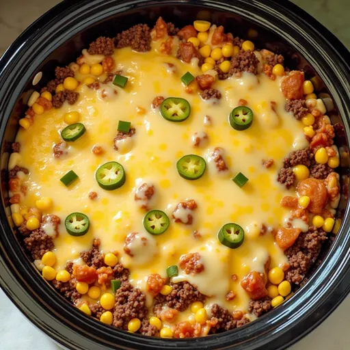 A bowl of Slow Cooker Taco Casserole with colorful toppings, featuring a mix of ground beef, beans, and cheese.
