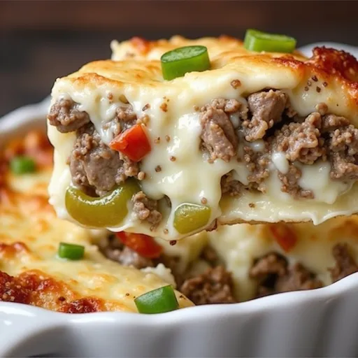A delicious Philly cheesesteak casserole featuring thinly sliced beef, peppers, and a cheesy crust.