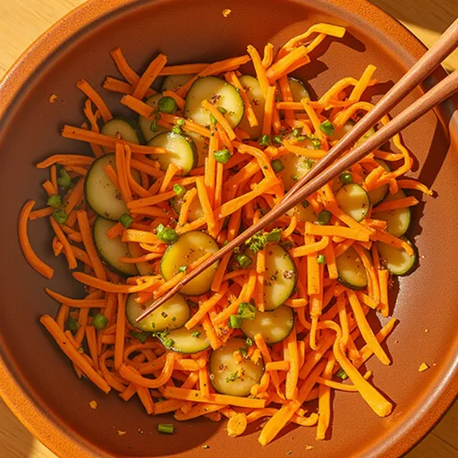 Detailed shot of a colorful cucumber and carrot salad in a bowl, illuminated by natural light.