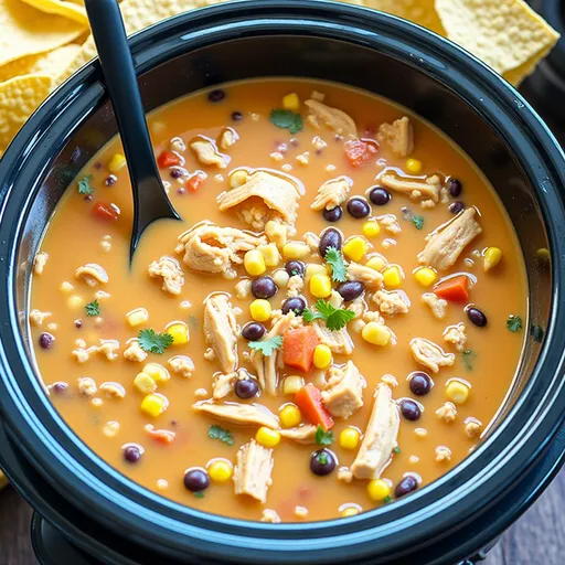 Hearty crockpot chicken tortilla soup garnished with tortilla chips, cheese, and fresh herbs.