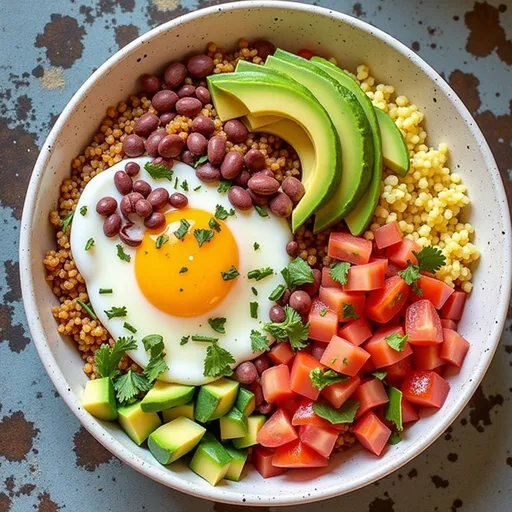 A beautifully arranged breakfast bowl filled with quinoa, eggs, yogurt, and fresh ingredients.