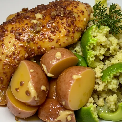 A beautifully plated Crockpot Lemon Chicken & Potatoes meal, featuring golden brown chicken breasts and slices of lemon, garnished with parsley.