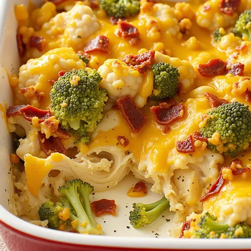 Eye-level shot of a delicious low carb chicken casserole in a baking dish, showcasing its creamy texture.