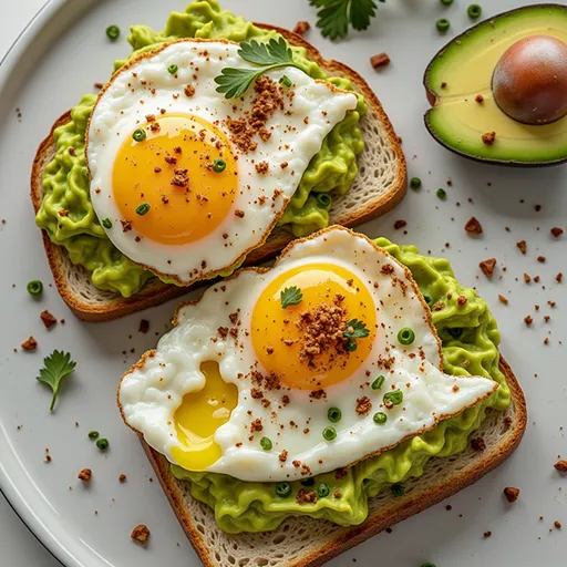 An eye-level view of a slice of bread with smashed avocado and a sunny-side-up egg, illuminated by warm natural light.