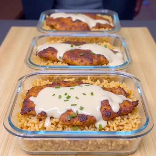 Deliciously plated Cajun chicken with creamy rice, bell peppers, and onions, presented in a cozy setting.