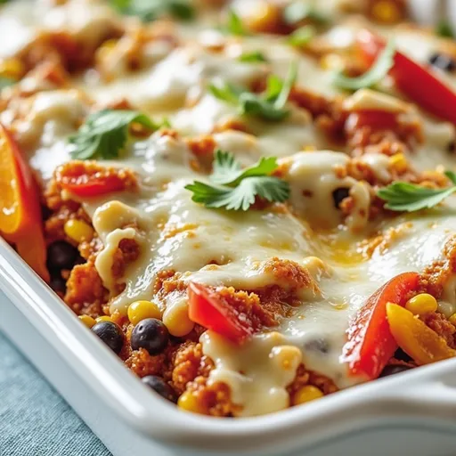 A colorful vegetarian enchilada casserole topped with melted cheese, served in a rustic dish.