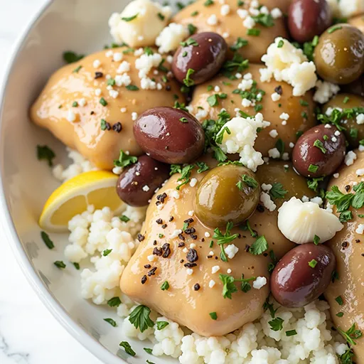 Delicious Instant Pot Greek Chicken and potatoes arranged beautifully with herbs and lemon slices.