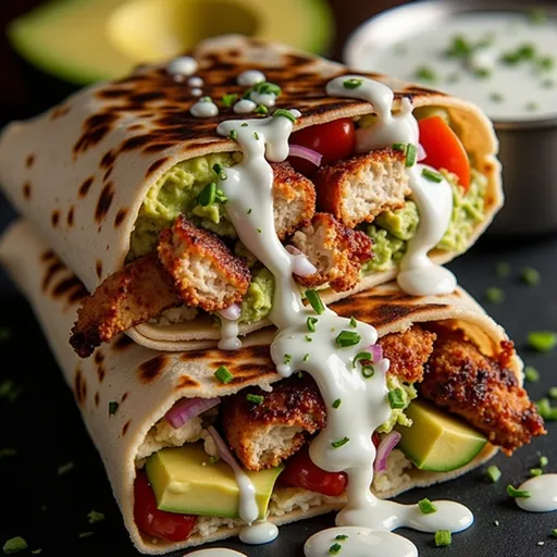 Delicious avocado chicken wrap arranged neatly, showcasing fresh ingredients.