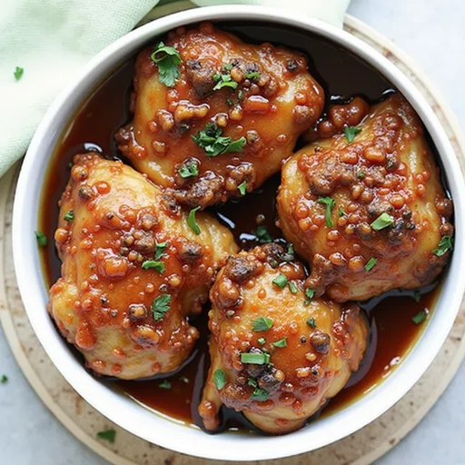 Detailed shot of tender Chicken pieces coated in honey garlic sauce, garnished with green onions.