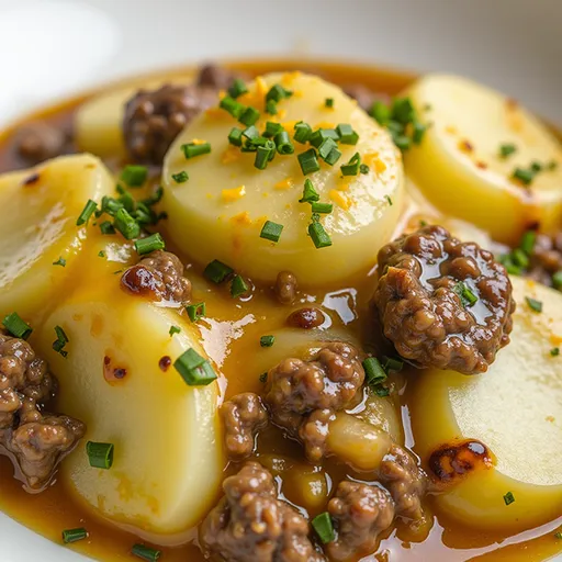 Delicious serving of Hamburger Potato Casserole topped with cheese, resting in a warm bowl.