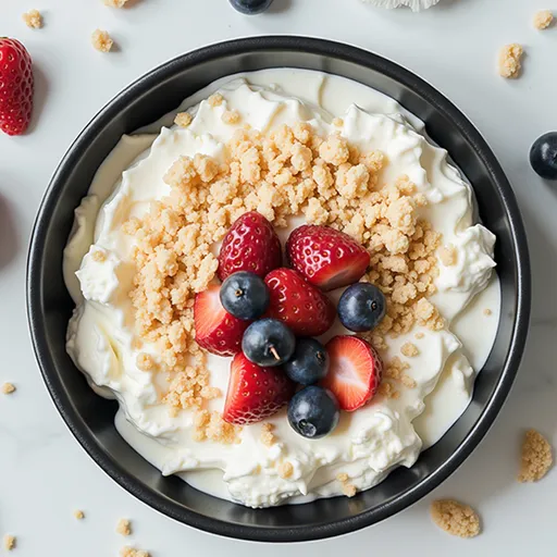 Creamy cheesecake fluff in a bowl, garnished with vibrant berries, shot in natural light.