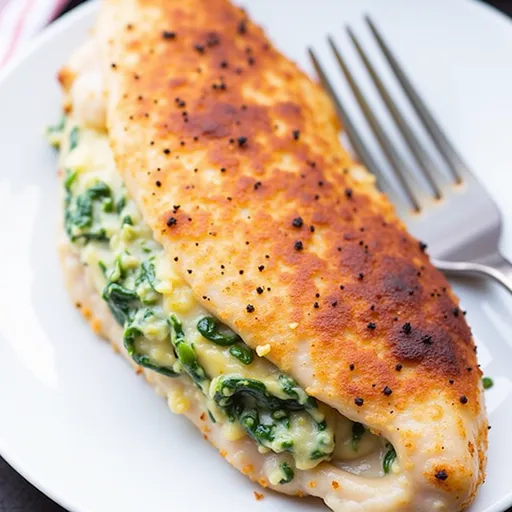 A plated dish featuring Spinach Stuffed Chicken Breasts garnished with herbs.