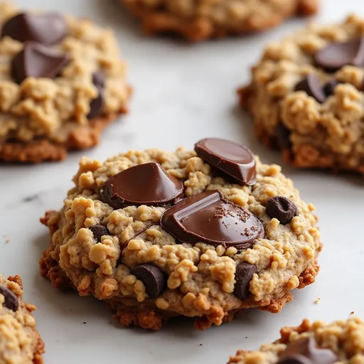 Delicious banana oat cookies displayed on a rustic wooden surface, warmly lit.