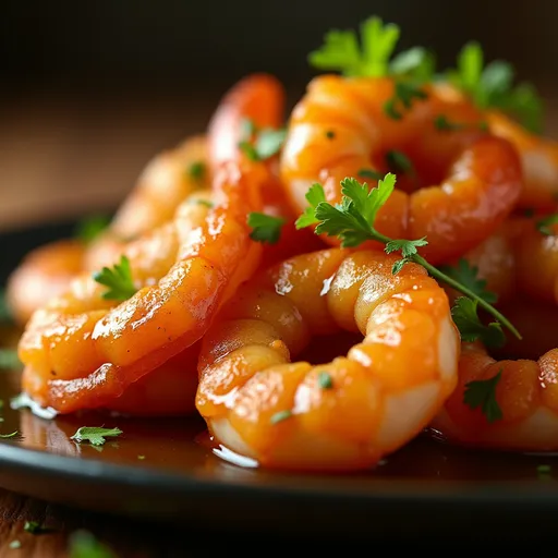 A plate of succulent shrimp coated in honey and garlic sauce, presented in an inviting setting.