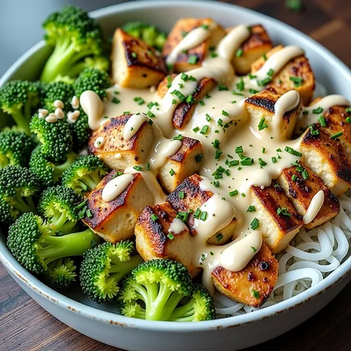 A delicious bowl featuring diced chicken, broccoli, and rice in a creamy garlic sauce.