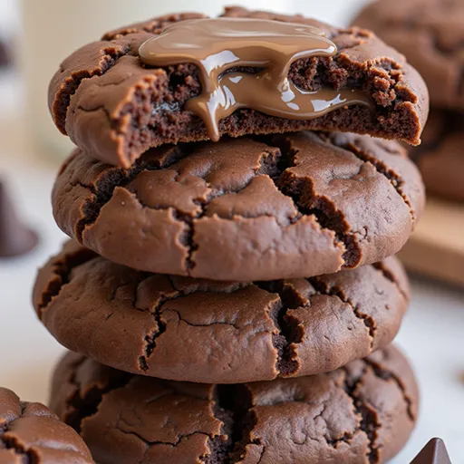 A beautifully lit image of double chocolate Greek yogurt cookies, highlighting their soft, chewy appearance and glossy chocolate topping.