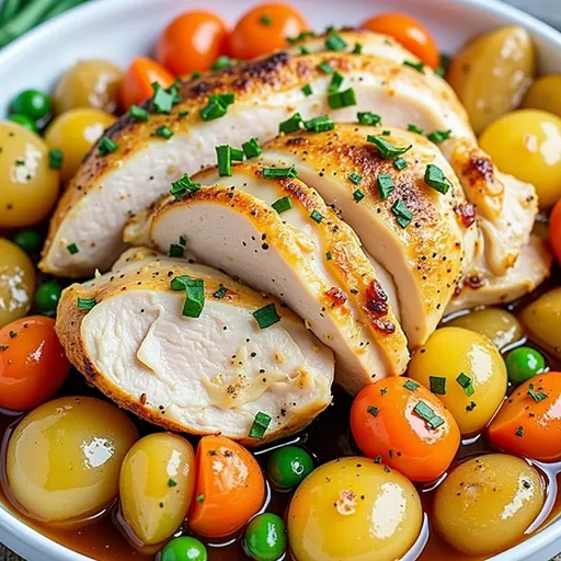A cozy dish featuring tender chicken and colorful vegetables, captured in warm light.