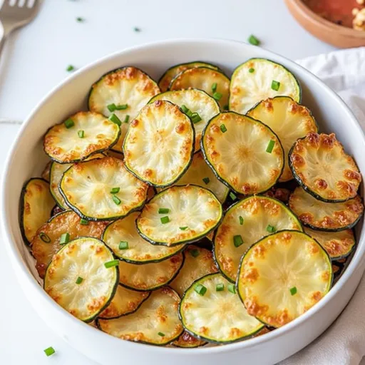 A detailed view of freshly baked zucchini chips, garnished with herbs and set against a blurred kitchen background.
