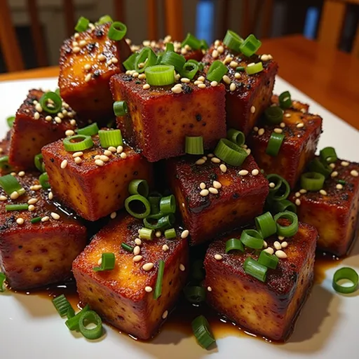 Appetizing crispy tofu pieces with a glossy honey garlic glaze, set against a softly blurred background.