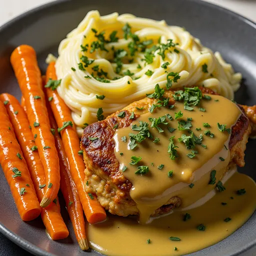 Plate of delicious creamy chicken, with mashed potatoes and vibrant glazed carrots.