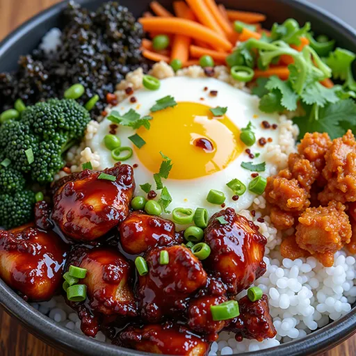 Bowl of Korean BBQ chicken rice with broccoli and sesame seeds, captured in warm natural light.