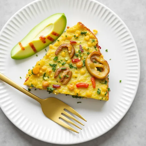 Eye-level shot of a golden, fluffy vegan frittata garnished with fresh herbs and natural light highlighting its texture.