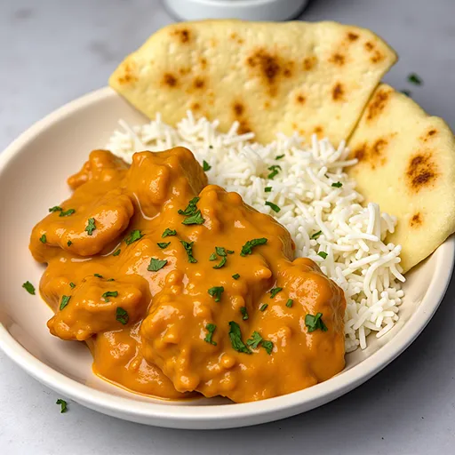 Delicious homemade butter chicken served in a rustic bowl with soft, warm lighting highlighting the texture.