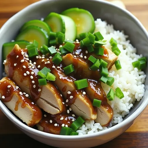 A vibrant Sticky Chicken Rice Bowl with glistening chicken, garnished with green onions and sesame seeds.