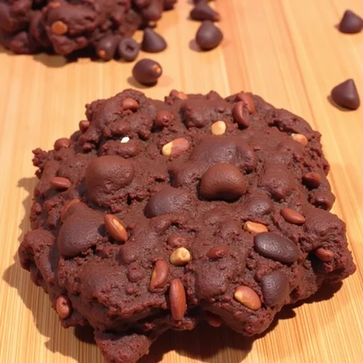 Beautifully lit chocolate cookies featuring a glossy surface, placed in a cozy kitchen setting with blurred background elements.