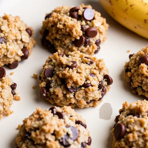 Eye-level view of warm banana oatmeal cookies, showcasing their texture and ingredients.