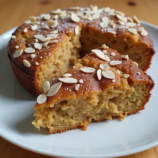 Eye-level shot of a slice of Healthy Oatmeal Apple Cake with rich oats and apple pieces, illuminated by natural light.