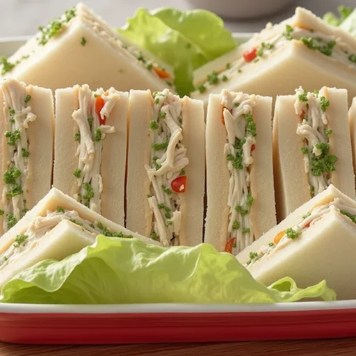 A delicious cold chicken sandwich showcasing shredded chicken, lettuce, and sliced cucumber.