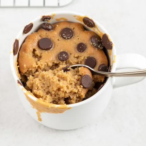 A single serving of peanut butter mug cake in a white mug, with soft shadows and a blurred background.
