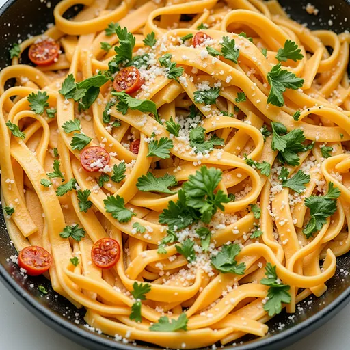 Close-up of delicious vegan pasta featuring sun-dried tomatoes and a creamy sauce.