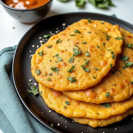 A vibrant Indian pancake made from red lentils, garnished with chopped onions and spinach.