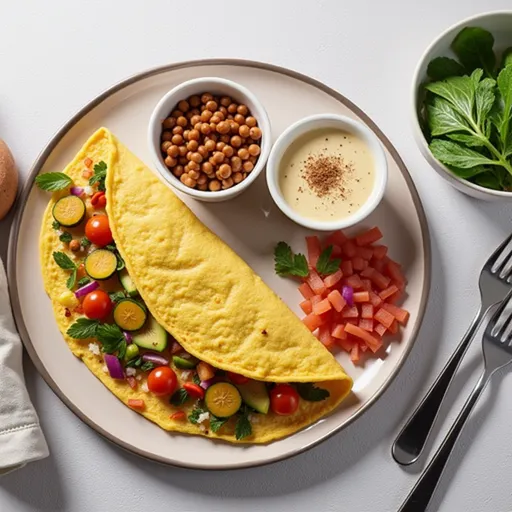 A golden, fluffy Chickpea Flour Omelette garnished with fresh herbs, showcasing its texture and color.