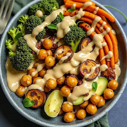 Top view of a colorful chickpea bowl featuring roasted bell peppers, zucchini, and carrots.