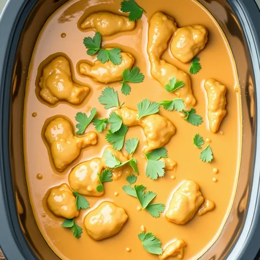 Delicious slow-cooked butter chicken with a rich sauce and tender chicken pieces, displayed artistically.