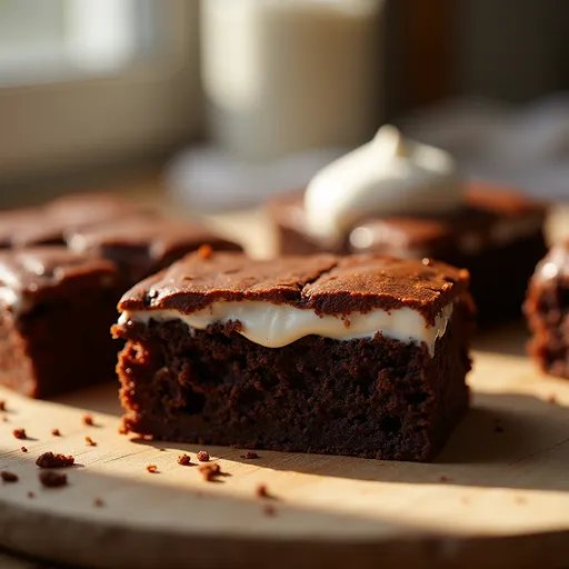Soft, moist zero sugar brownies with a creamy Greek yogurt topping, captured in warm, natural light.