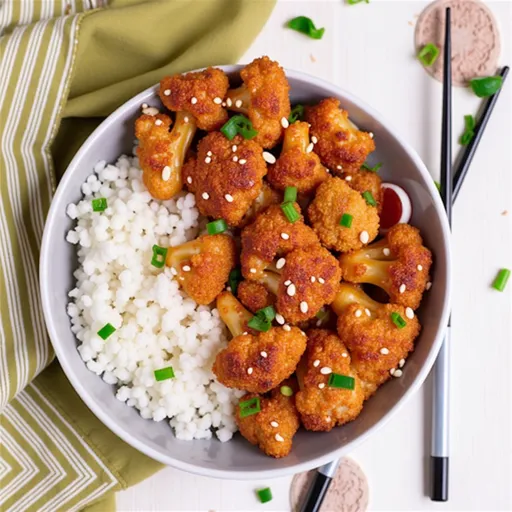 Bite-sized fluffy cauliflower florets coated in a glossy sesame sauce, garnished with green onions.