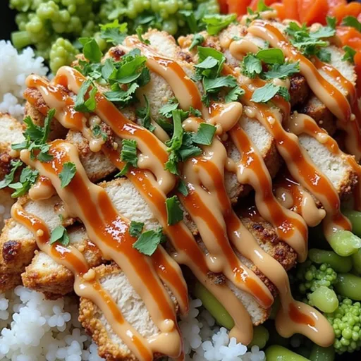 Delicious Bang Bang Chicken Bowl with chicken, broccoli, and peppers, beautifully arranged.