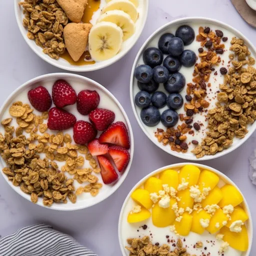 A colorful yogurt granola bowl featuring granola, berries, and chia seeds in natural light.