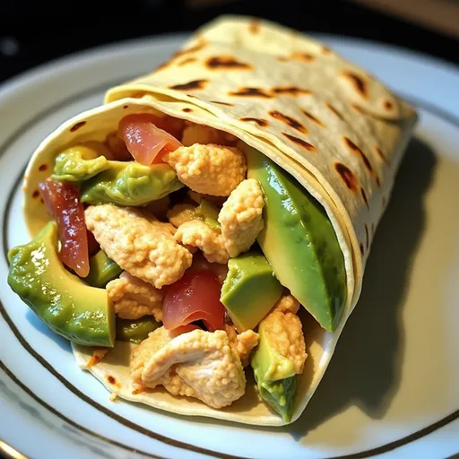 Delicious Chicken Avocado Wraps displayed on a plate, showcasing creamy filling with fresh ingredients and a soft tortilla.